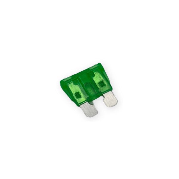 Grøn 30Amp bilsikring med transparent plastkappe og metalblade til sikring af elektriske kredsløb.
