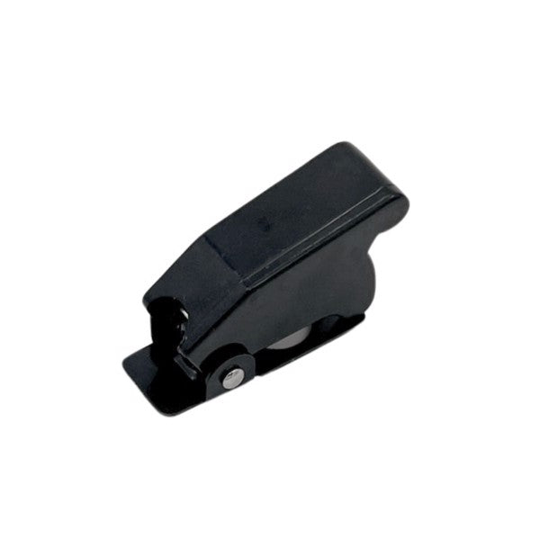 Sort on/off switch cover i robust plast med hængsel, designet til sikker afbrydelse af elektriske kontakter.
