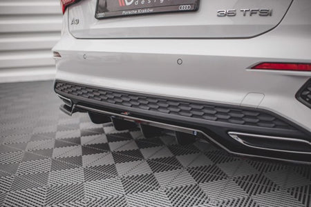 Maxton Central Rear Splitter (With Vertical Bars) Audi A3 S-Line Sportback 8Y - Gloss Black