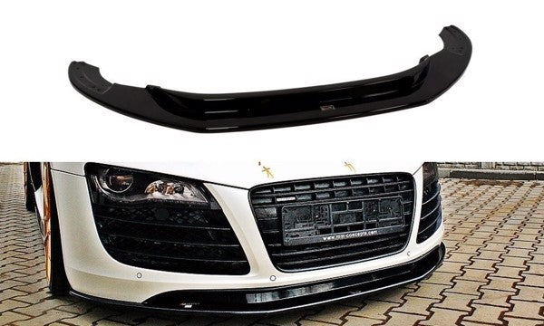Maxton Front Splitter i glanssort til Audi R8 Mk.1, forbedrer bilens aerodynamik og giver et sporty look.