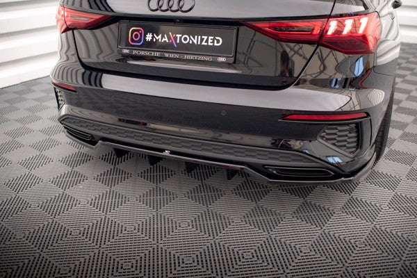 Maxton Central Rear Splitter (With Vertical Bars) Audi A3 S-Line Sedan 8Y - Gloss Black