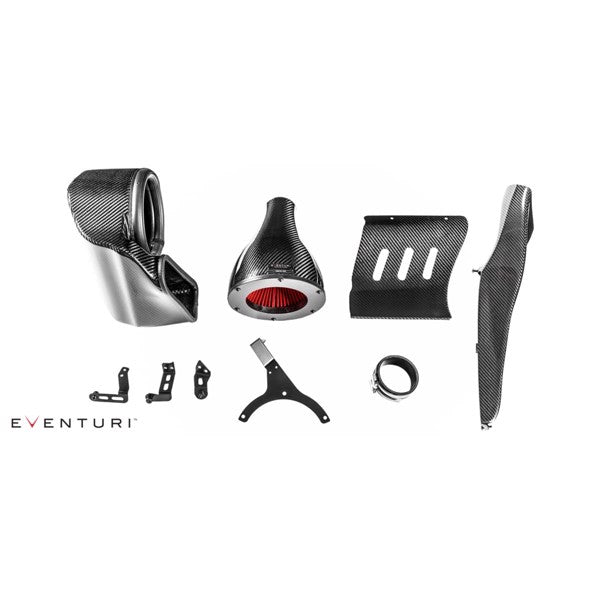Sort Eventuri carbon intake system med sekundær kanal til Audi B9 RS5/RS4, inklusive luftfilter og monteringsbeslag, vist mod hv
