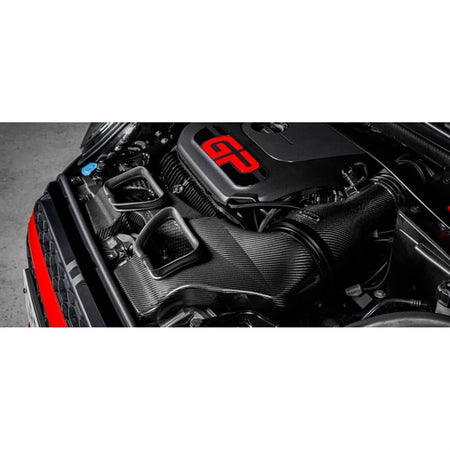 Eventuri carbon fiber indsugningssystem til Mini JCW GP3, Clubman og JCW 306HP med sort finish og rød filterindsats