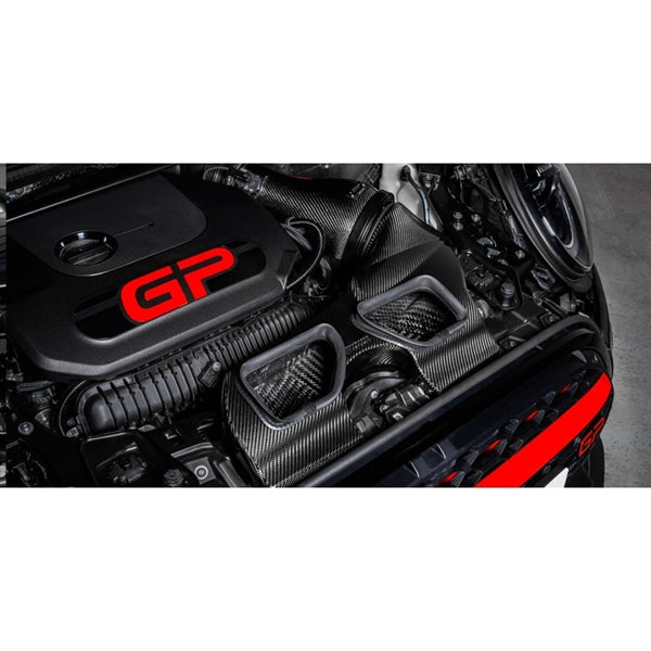 Eventuri carbon fiber indsugningssystem til Mini JCW GP3, Clubman og JCW 306HP med sort finish og rød filterindsats