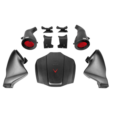 Eventuri Carbon Intake Matte Finish sæt til Mercedes C190/R190 AMG GTR, GTS, GT med kulfiber luftindtag og røde filtre.
