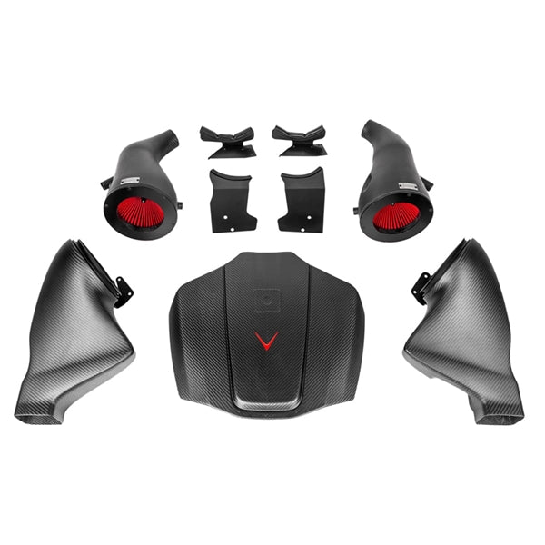 Eventuri Carbon Intake Matte Finish sæt til Mercedes C190/R190 AMG GTR, GTS, GT med kulfiber luftindtag og røde filtre.