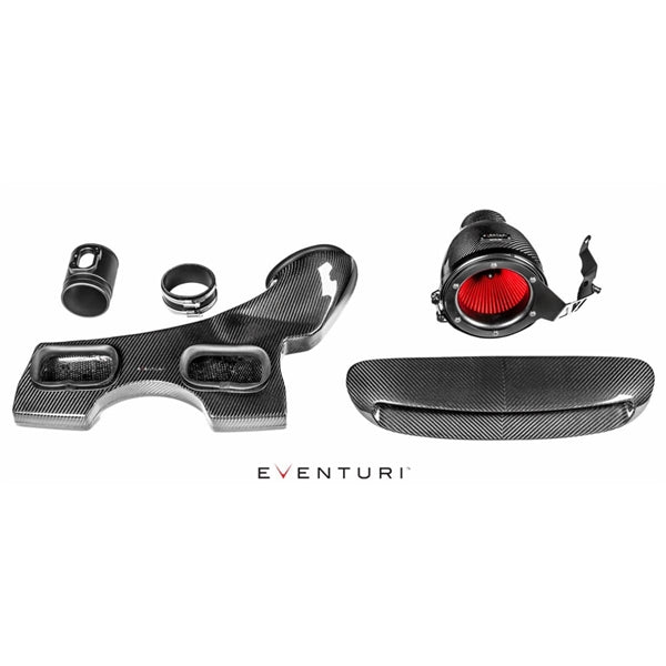 Eventuri sort kulfiber luftindsugningssystem til Mini Cooper S og JCW med rød sportsluftfilter og carbon dele, isoleret på hvid 