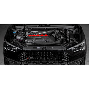 Eventuri carbon fiber indsugningssystem til Audi RSQ3 F3 2019+, vist adskilte dele med rød filterindsats og carbon finish på hvi