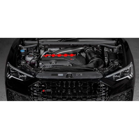 Eventuri carbon fiber indsugningssystem til Audi RSQ3 F3 2019+, vist adskilte dele med rød filterindsats og carbon finish på hvi