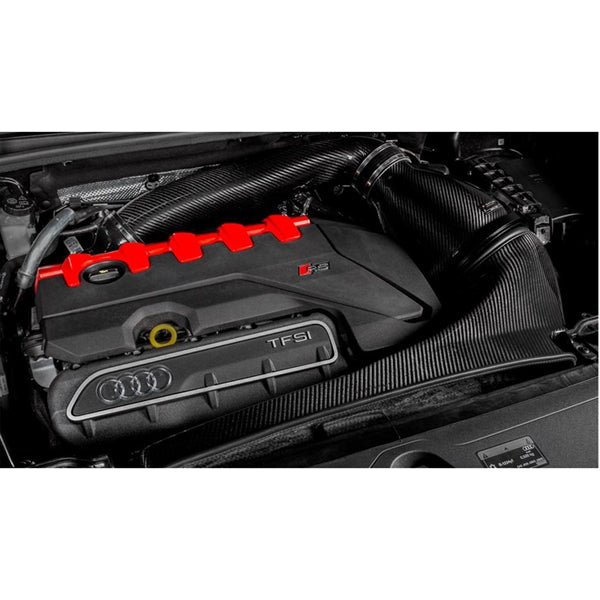 Eventuri carbon fiber indsugningssystem til Audi RSQ3 F3 2019+, vist adskilte dele med rød filterindsats og carbon finish på hvi
