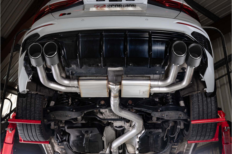 Scorpion GPF-back udstødning til Audi S3 med ventiler – ikke-resoneret, set nedefra