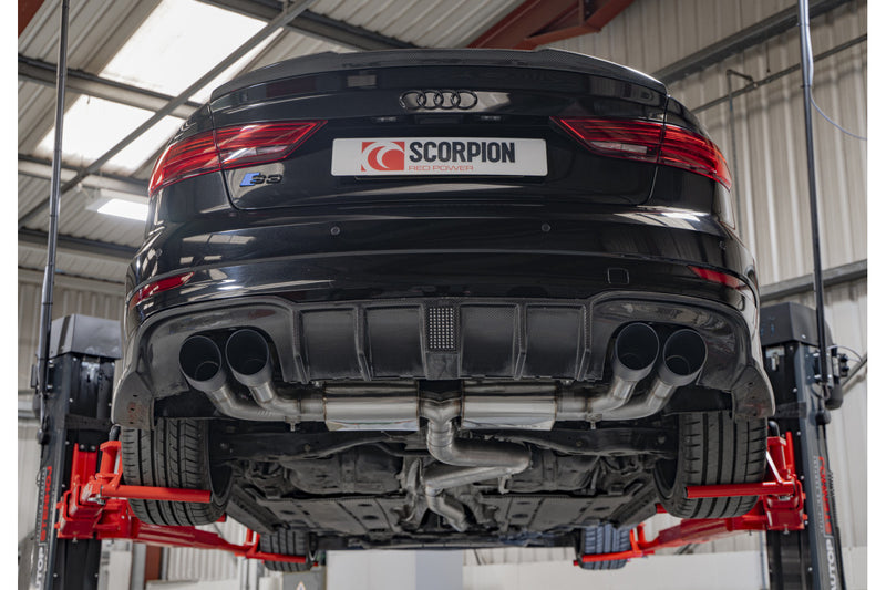 Scorpion GPF-back udstødning til Audi S3 med ventiler – ikke-resoneret, Daytona Ceramic, set bagfra