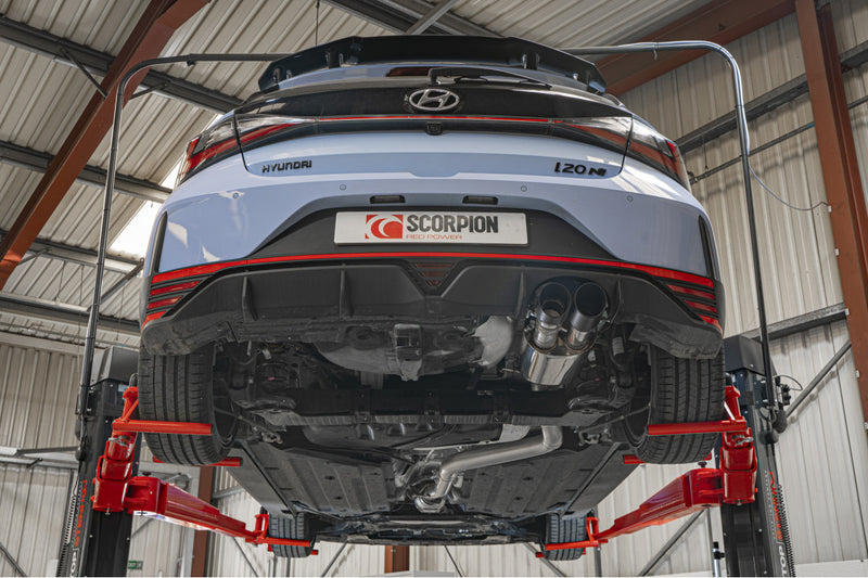Scorpion GPF-back udstødning til Hyundai I20 med ventiler, Daytona Ceramic, set nedefra