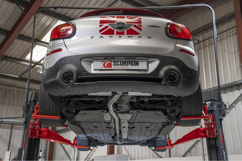 Scorpion cat-back udstødning til Mini Countryman – ikke-resoneret, Daytona, set nedefra