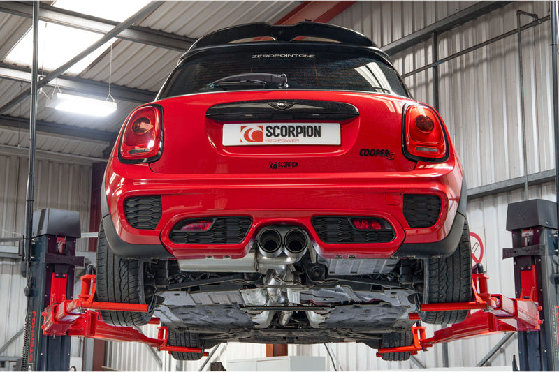 Scorpion cat-back udstødning til Mini Cooper – ikke-resoneret, Ascari, set bagfra