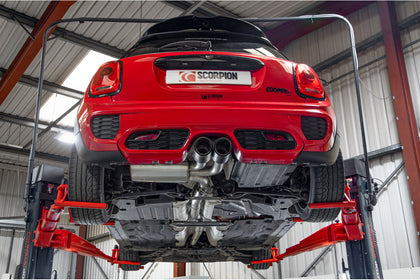 Scorpion cat-back udstødning til Mini Cooper – ikke-resoneret, Ascari, set nedefra