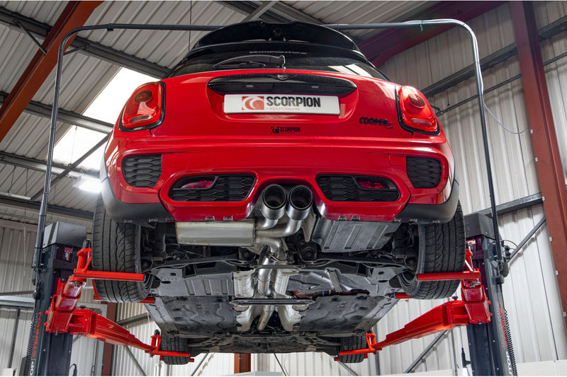 Scorpion cat-back udstødning til Mini Cooper – ikke-resoneret, Ascari, set nedefra