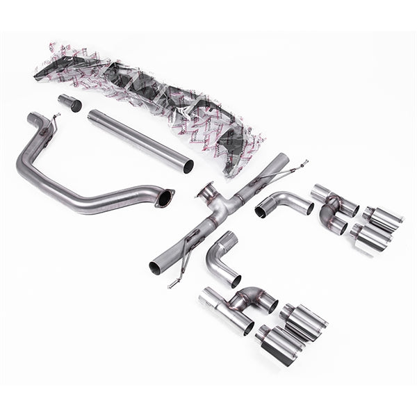 Milltek Cat-back udstødningssystem til Volkswagen Golf Mk8 GTi med Golf R style quad outlet, inklusive rør, forbindelser og fire