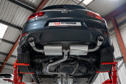 Scorpion cat-back udstødning til VW MK6 Golf GTI – ikke-resoneret, Daytona, set nedefra