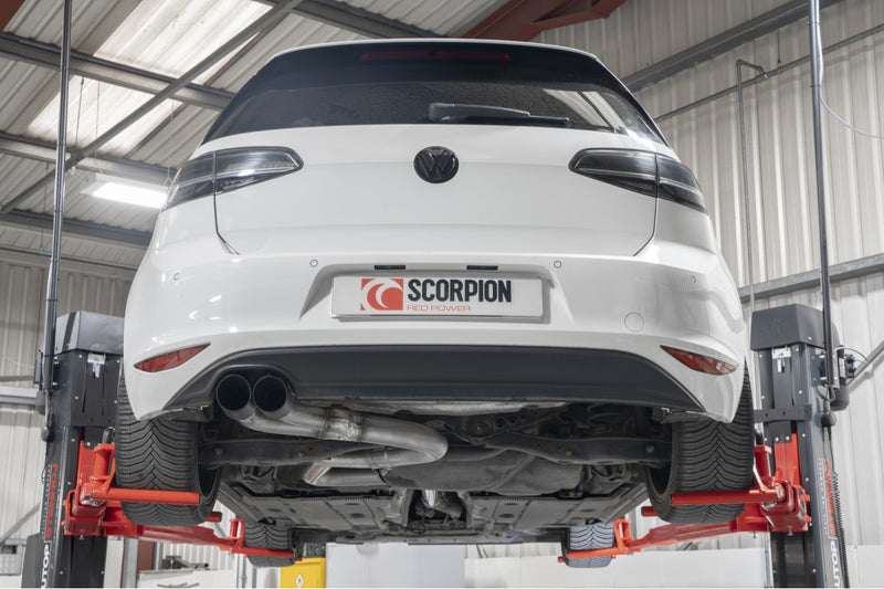 Scorpion cat-back udstødning til VW Golf MK7 GTD – ikke-resoneret, Daytona (Twin), set bagfra
