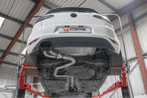 Scorpion cat-back udstødning til VW Golf MK7 GTD – ikke-resoneret, Daytona (Twin), set nedefra