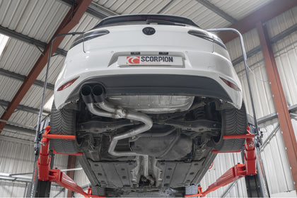 Scorpion cat-back udstødning til VW Golf MK7 GTD – ikke-resoneret, Daytona (Twin), set nedefra