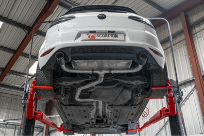 Scorpion cat-back udstødning til VW Golf MK7 GTD – ikke-resoneret, Ascari (Twin), set nedefra