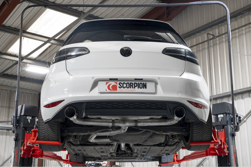 Scorpion cat-back udstødning til VW Golf MK7 GTD – ikke-resoneret, Daytona (Twin) Ceramic, set bagfra