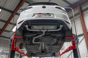 Scorpion cat-back udstødning til VW Golf MK7 GTD – ikke-resoneret, Daytona (Twin) Ceramic, set nedefra