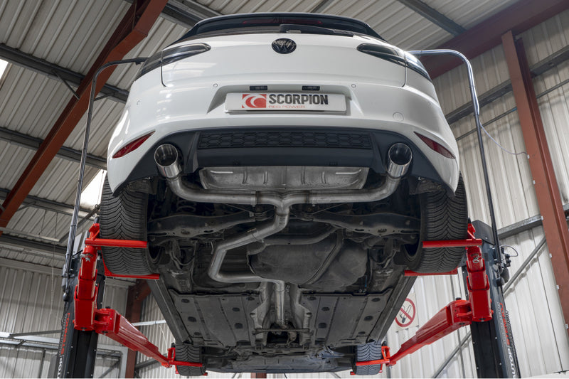 Scorpion cat-back udstødning til VW Golf MK7 GTD – ikke-resoneret, Daytona (Twin) Ceramic, set nedefra