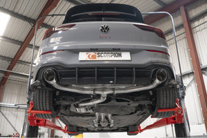 Scorpion GPF-back udstødning til VW MK8 Golf GTI Clubsport, Daytona, set nedefra