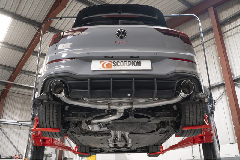 Scorpion GPF-back udstødning til VW MK8 Golf GTI Clubsport, Daytona, set nedefra