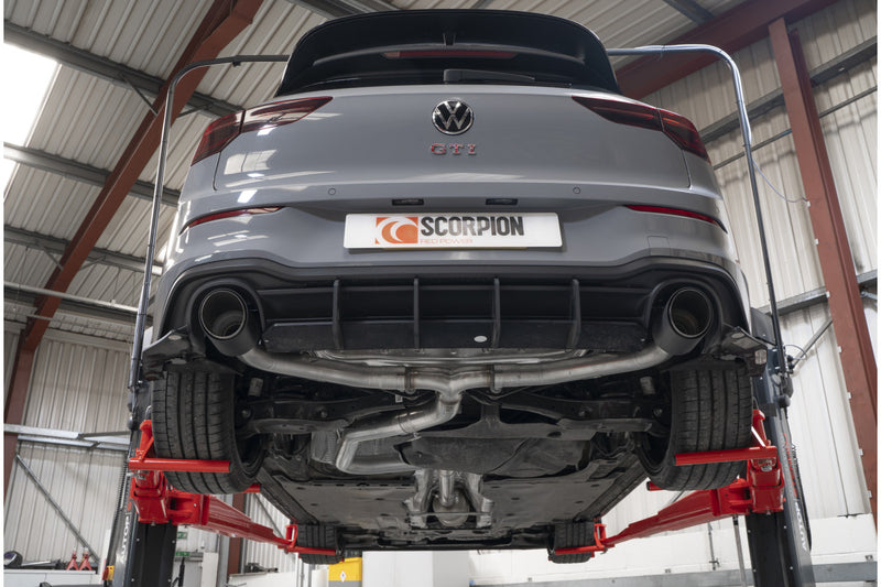 Scorpion GPF-back udstødning til VW MK8 Golf GTI Clubsport, Ascari, set nedefra