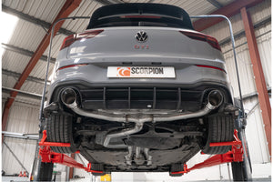 Scorpion GPF-back udstødning til VW MK8 Golf GTI Clubsport, Daytona, set nedefra