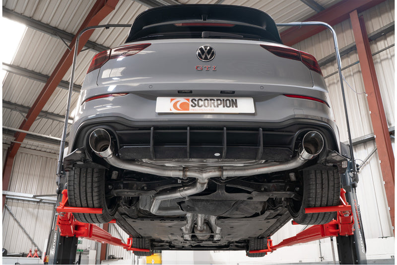Scorpion GPF-back udstødning til VW MK8 Golf GTI Clubsport, Daytona, set nedefra