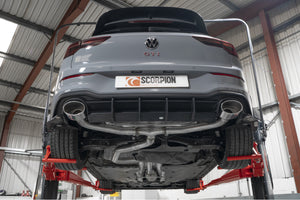 Scorpion GPF-back udstødning til VW MK8 Golf GTI Clubsport, EVO, set nedefra