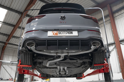 Scorpion GPF-back udstødning til VW MK8 Golf GTI Clubsport, EVO, set nedefra