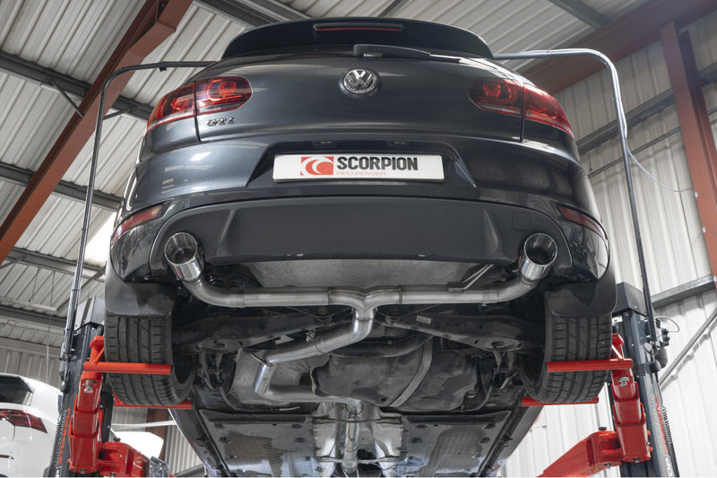 Scorpion cat-back udstødning til VW MK6 Golf GTI – ikke-resoneret, Daytona, set nedefra