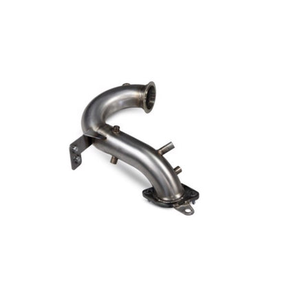 Scorpion DE-CAT/GPF Delete Downpipe til Renault Megane R.S. 300 Trophy i rustfrit stål med buet design og monteringsbeslag.