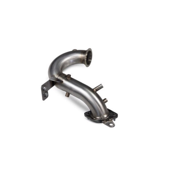 Scorpion DE-CAT/GPF Delete Downpipe til Renault Megane R.S. 300 Trophy i rustfrit stål med buet design og monteringsbeslag.