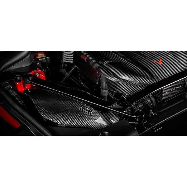 Eventuri Carbon Intake sæt til Toyota Supra MK5 3.0 B58 med kulfiber luftkanal, rør og rød luftfilter.
