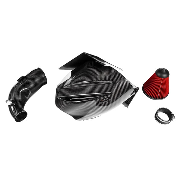 Eventuri Carbon Intake sæt til Toyota Supra MK5 3.0 B58 med kulfiber luftkanal, rør og rød luftfilter.