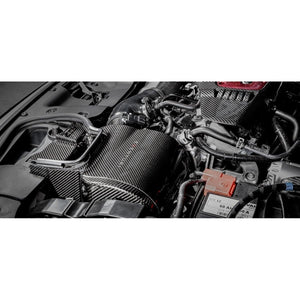 Eventuri Black Carbon intake system til Honda Civic FK8 Type R med carbon fiber komponenter og rød luftfilter