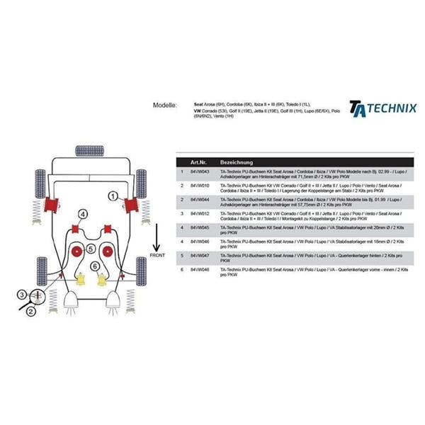 TA-Technix Poly Bøsning VW Lupo – Chassisdiagram med cirkelnumre og tabel, variant 13