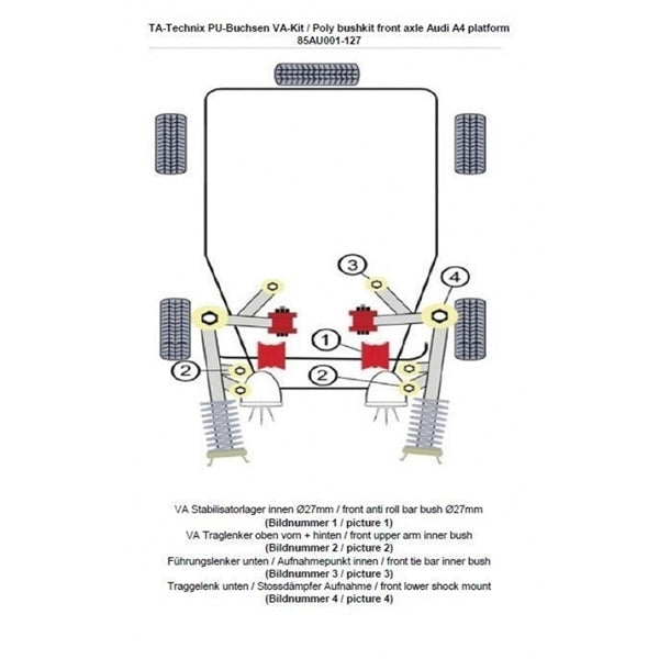 TA-Technix poly bøsninger og metal sleeves i sæt til VW Passat B5 3B til forbedret affjedring og holdbarhed.
