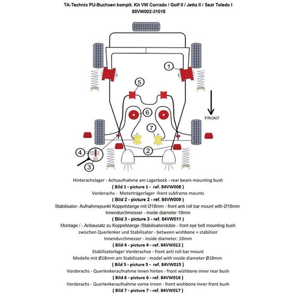 TA-Technix Poly Bøsningskit VW Golf 2 – 85VW002 bagesuspension installationsplan