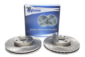 TA Technix Sport Bremseskivesæt, Foraksel VW Transporter T4 Flatbed/Chassis Type 70XD – Pakning og to hvide perforerede bremseskiver