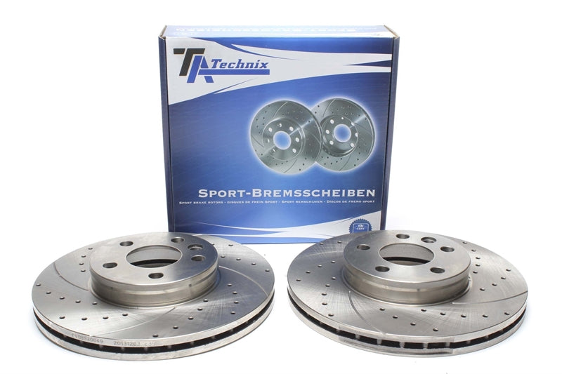 TA Technix Sport Bremseskivesæt, Foraksel VW Transporter T4 Flatbed/Chassis Type 70XD – Pakning og to hvide perforerede bremseskiver