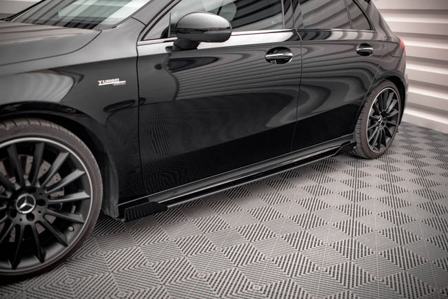 Maxton Street Pro Side Skirts Diffusers + Flaps Mercedes A35 Amg / Amg-Line Aero Pack W177  - Black + Gloss Flaps