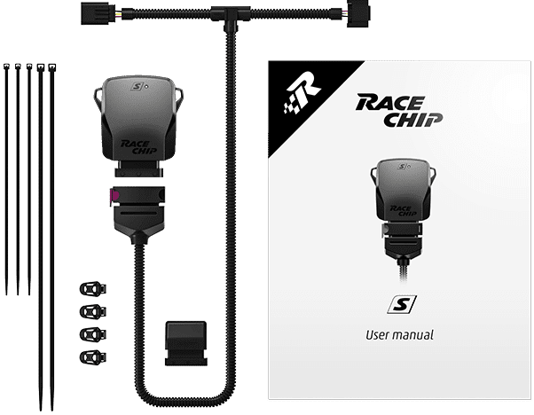 RaceChip S leverance med tuningmodul, kabelsæt, kabelstrips og brugermanual